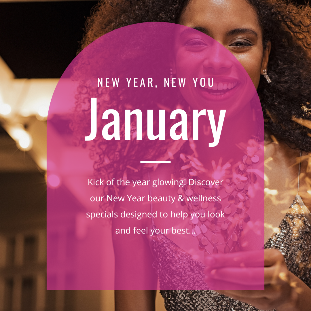 Smiling woman in sparkly dress holding a sparkler with text about New Year beauty and wellness specials for January.