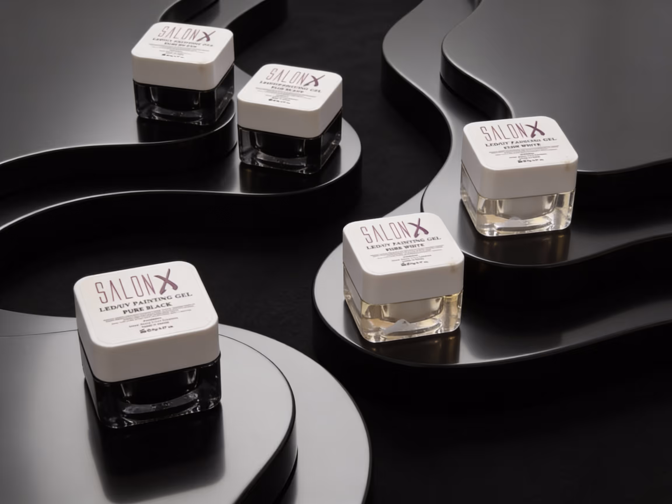  Salon X LED UV Painting Gel on black curvy platforms, two labeled pure black and three pure white.