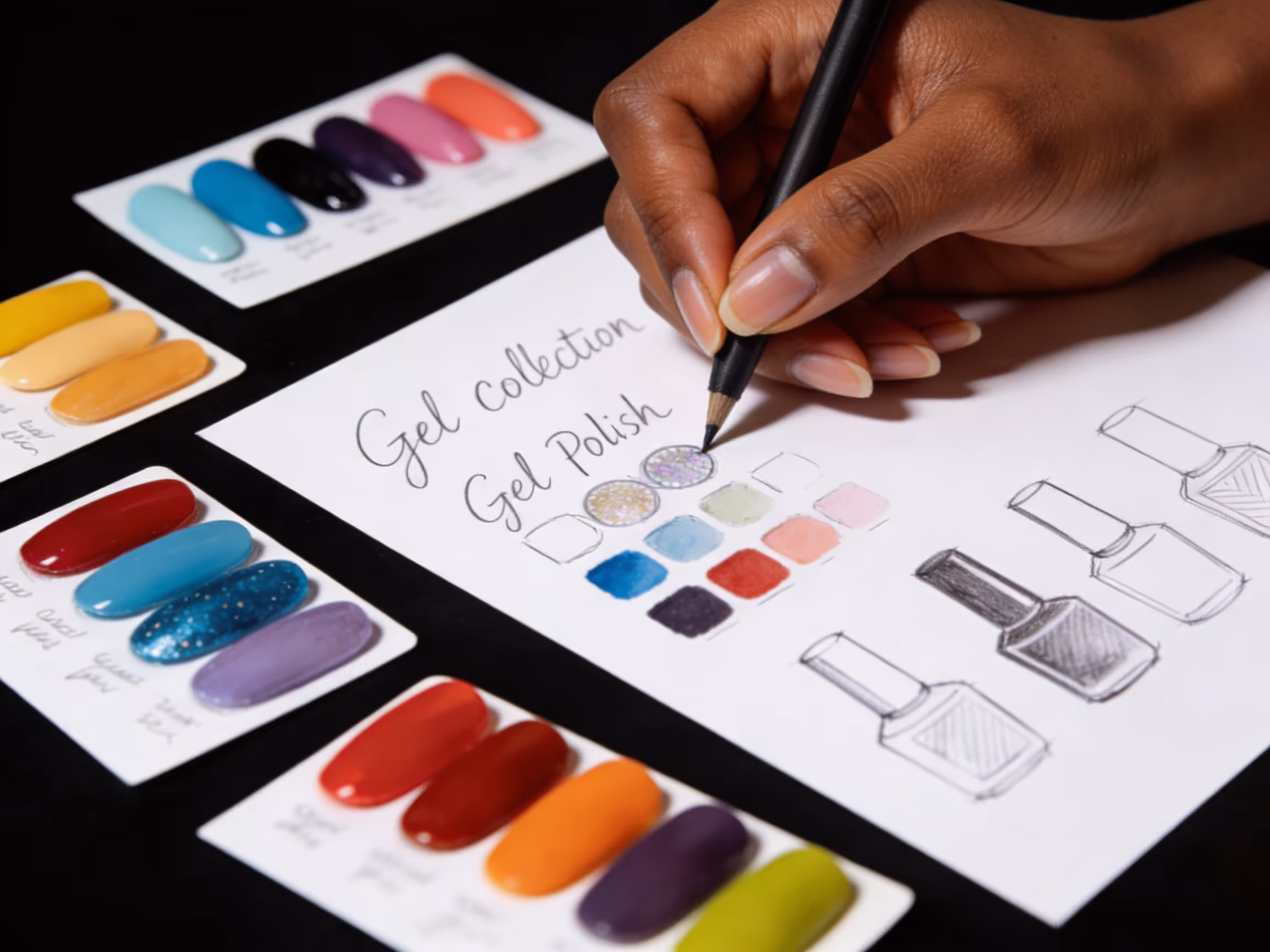 Hand drawing gel polish color swatches and bottle sketches with gel nail color samples nearby.