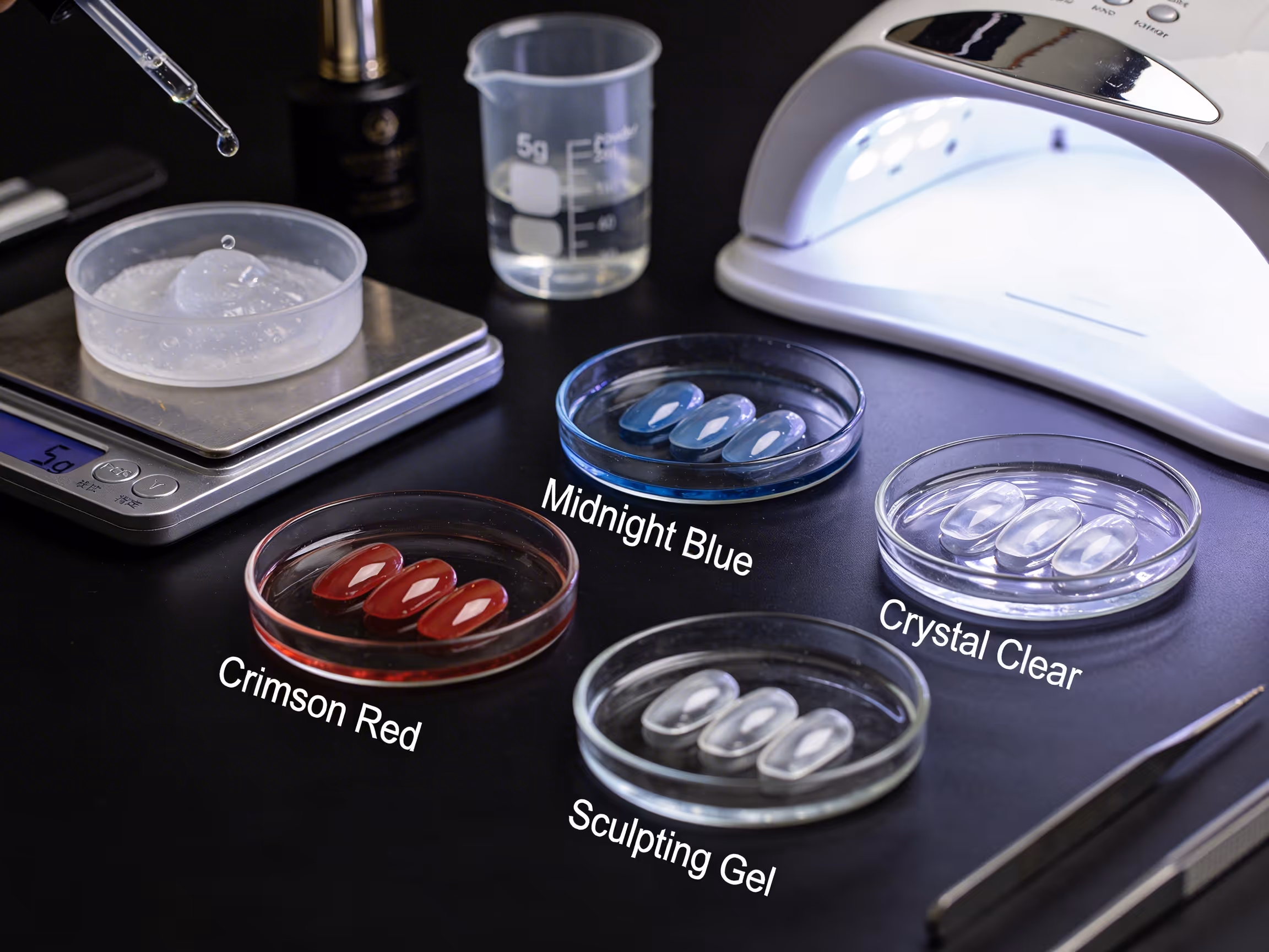 Petri dishes showing four gel nail polish colors with names and UV curing lamp on black table.