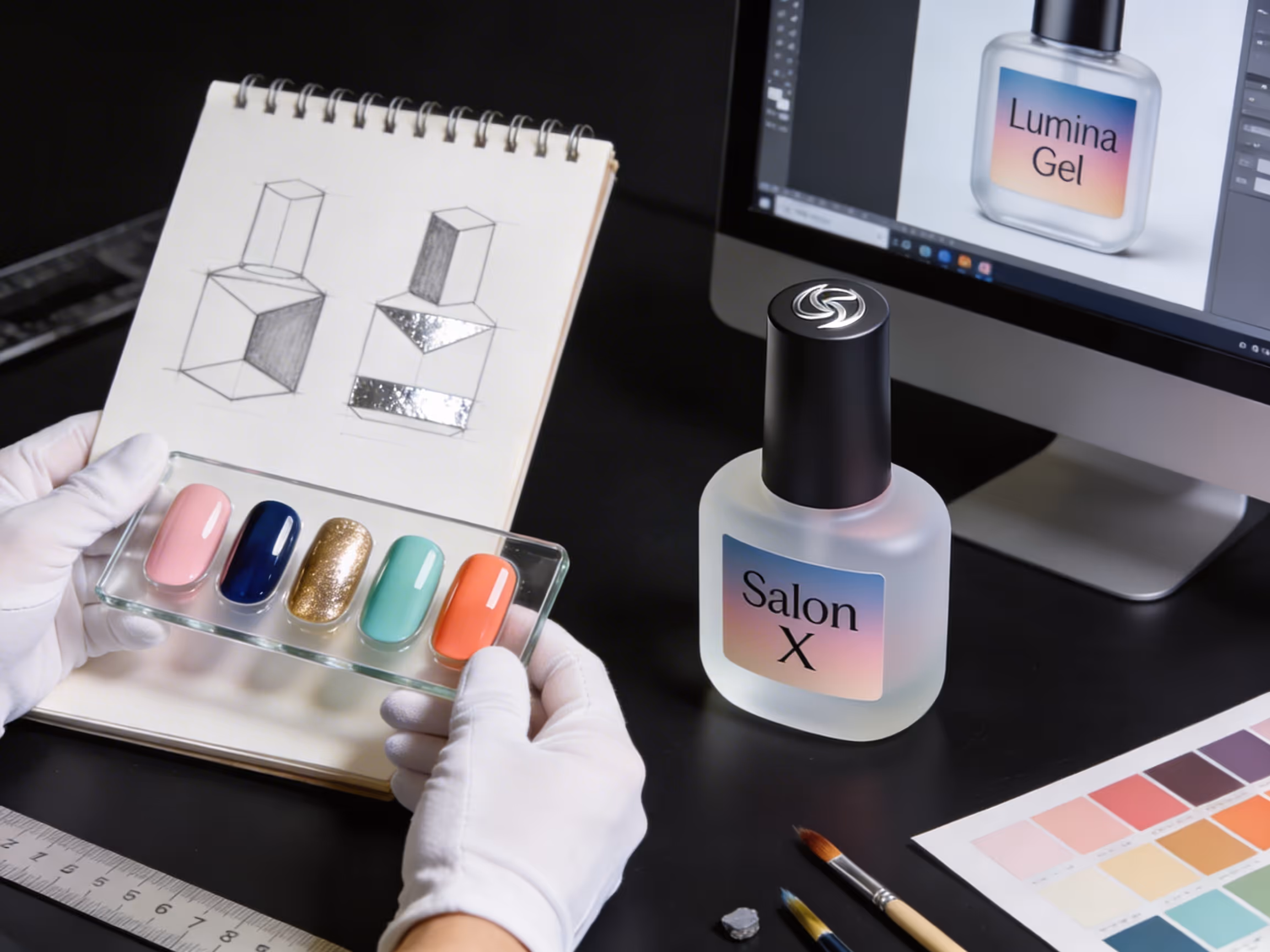 Hands holding a display of five gel nail polish colors next to a nail polish bottle and sketches.