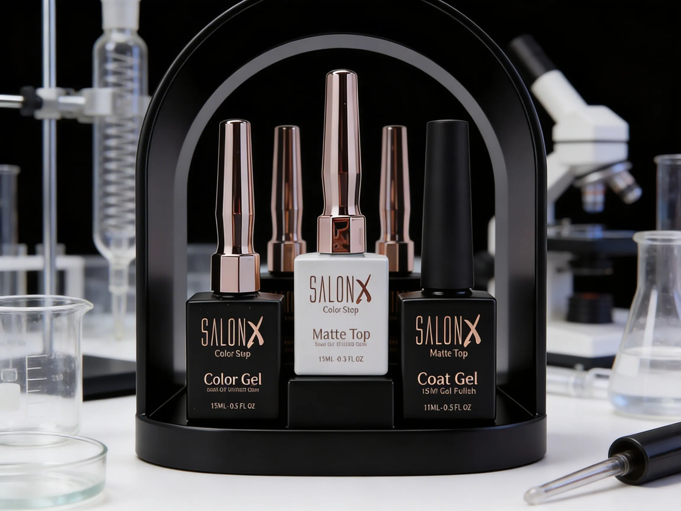 Salon X gel nail polish bottles including Color Gel and Matte Top, displayed with lab glassware and microscope.