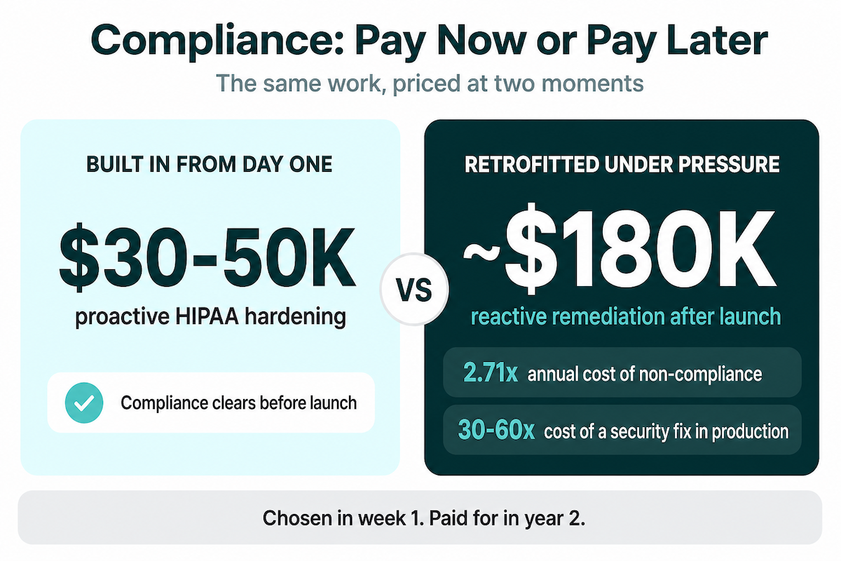 HIPAA compliance cost comparison: $30-50K proactive hardening vs $180K reactive remediation, plus 2.71x non-compliance and 30-60x production fix multipliers
