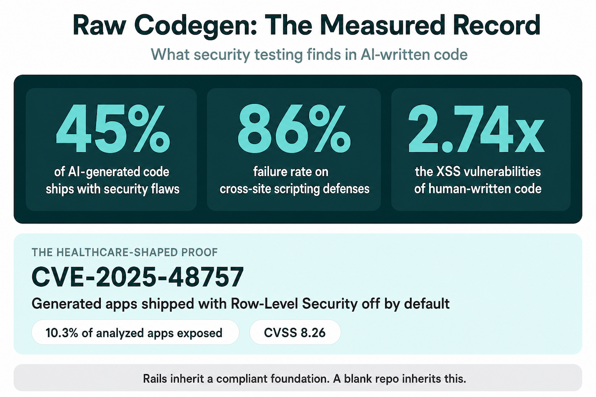 AI-generated code security risks in healthcare apps: 45% flaw rate, 86% XSS failure, 2.74x vulnerabilities vs human code, and CVE-2025-48757 exposing 10.3% of generated apps