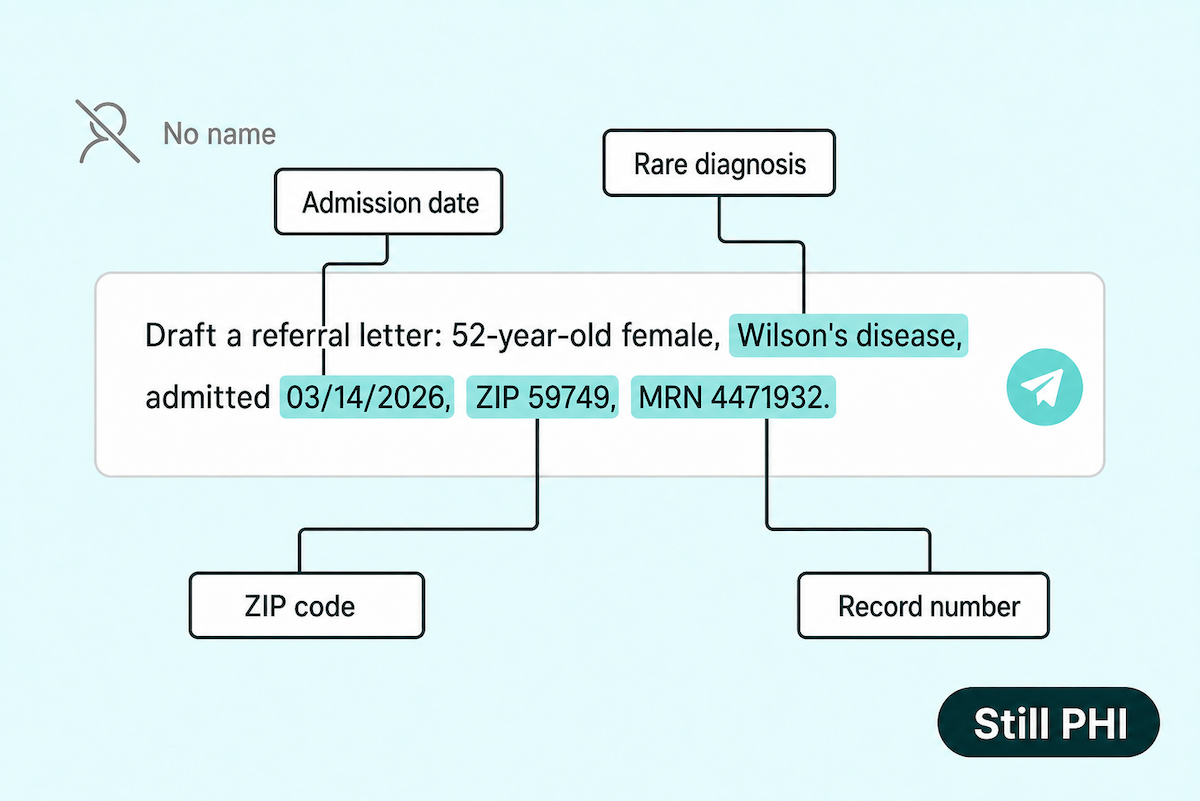 PHI in prompts example: AI prompt with no patient name flagged as PHI through highlighted rare diagnosis, admission date, ZIP code, and medical record number