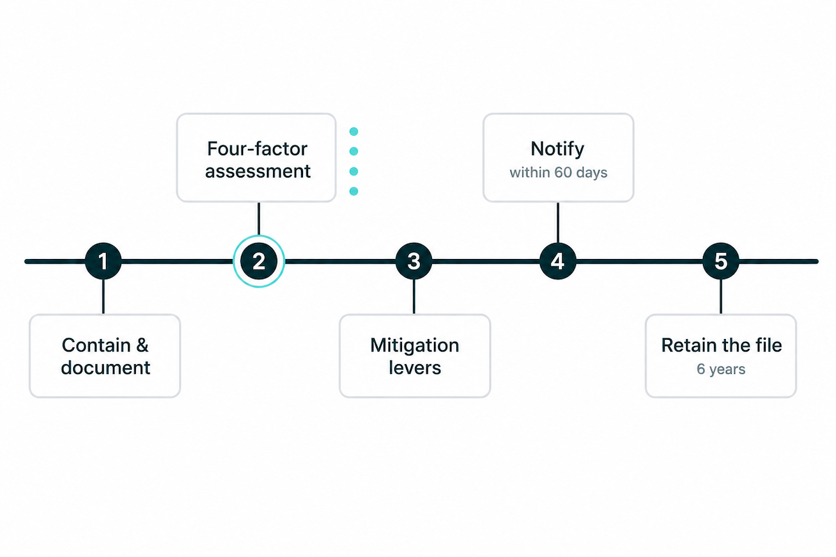 What to do if PHI went into a prompt: five-step incident response timeline covering contain and document, four-factor assessment, mitigation levers, notify within 60 days, and retain the file for six years
