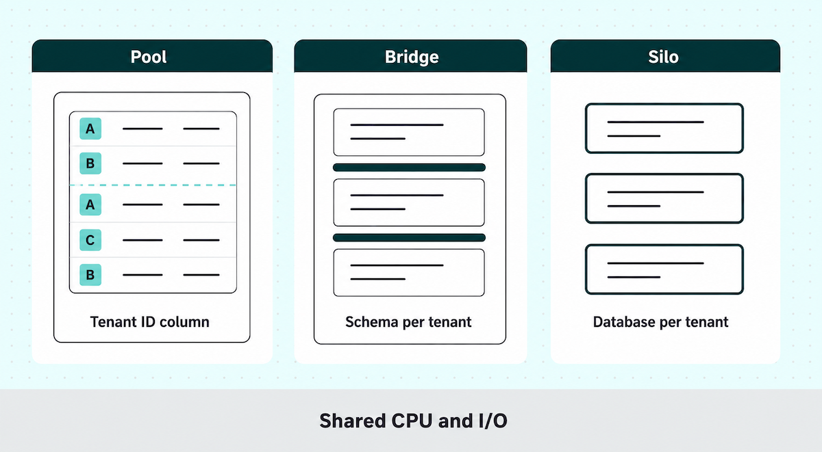 Multi-tenant SaaS architecture diagram comparing pool, bridge, and silo isolation models, showing the tenant boundary as a column in one shared table, as per-tenant schemas inside a single database, and as separate databases, with all three sharing CPU and I/O