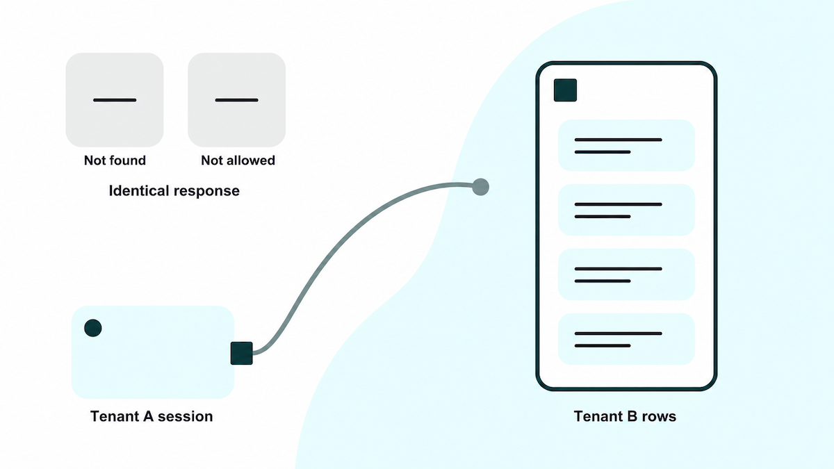 Cross-tenant authorization test diagram showing a tenant A session presenting tenant B's object identifier, the request stopping short of tenant B's records, and two identical responses for a missing record and a forbidden one