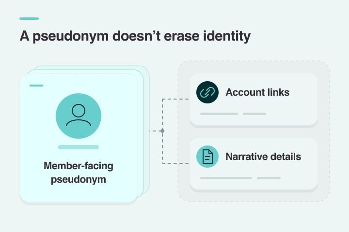 A pseudonymous member profile with account links and narrative details highlighted for identity assessment.