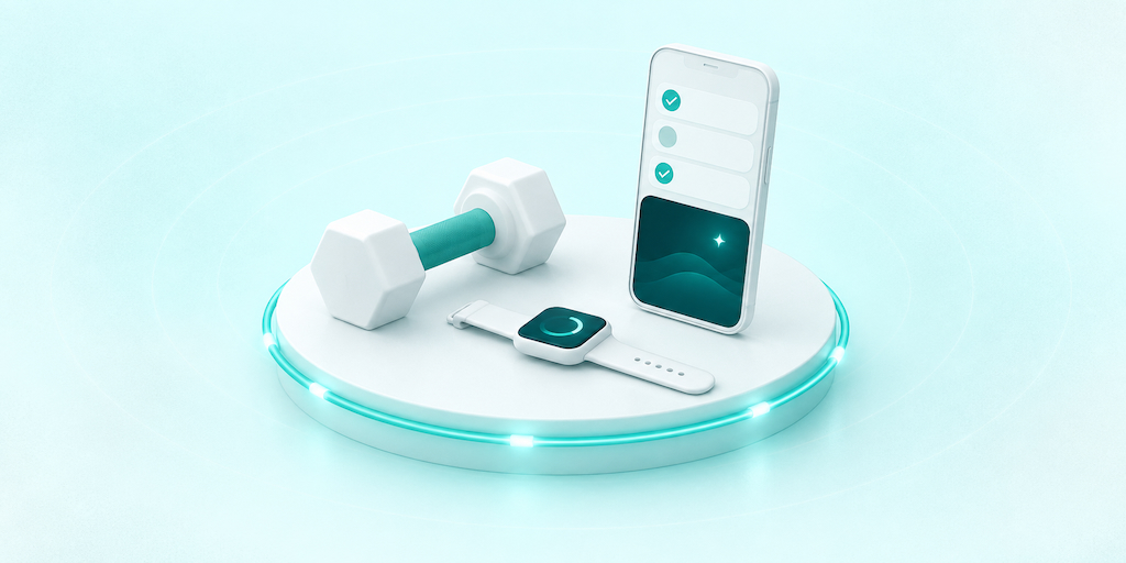 Personal trainer app development: a dumbbell, a smartwatch and a phone workout plan circled by a glowing teal coaching loop