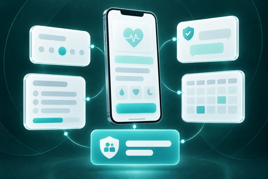Mental health app features for a V1: mood check-in, questionnaire, secure chat, session booking and a crisis support button