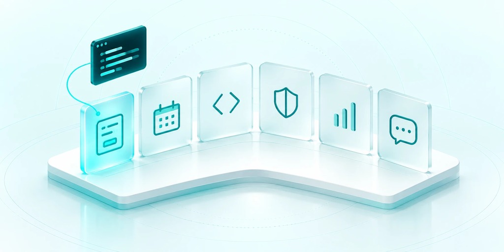 Six frosted glass panels on a light background, one lit in teal, suggesting healthcare app builders compared side by side