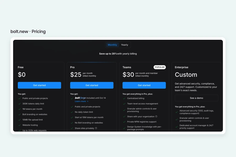 Bolt pricing page showing its Free, Pro, Teams and Enterprise plans