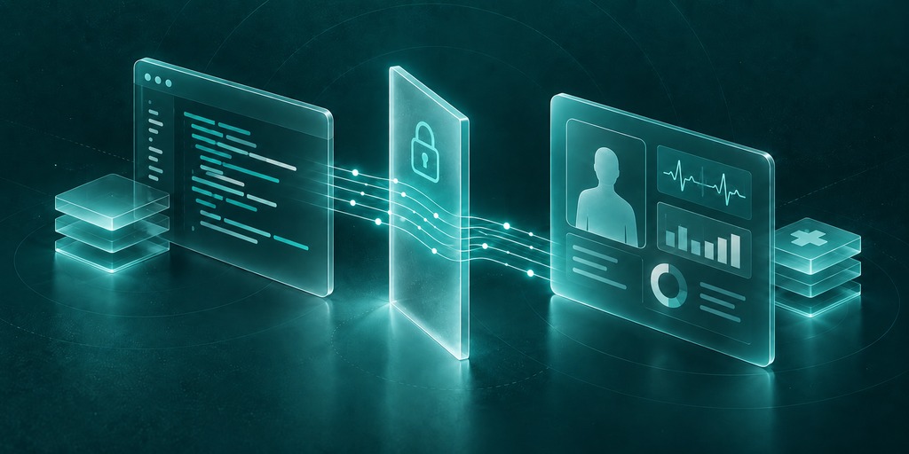Teal code and healthcare panels separated by a controlled data boundary.