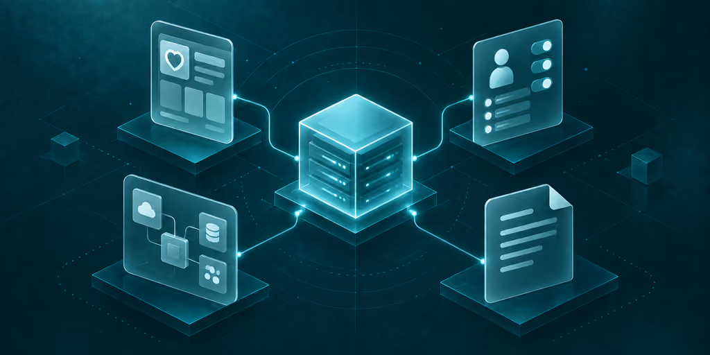 A teal backend cube connects to app screens, access, integration, and policy panels