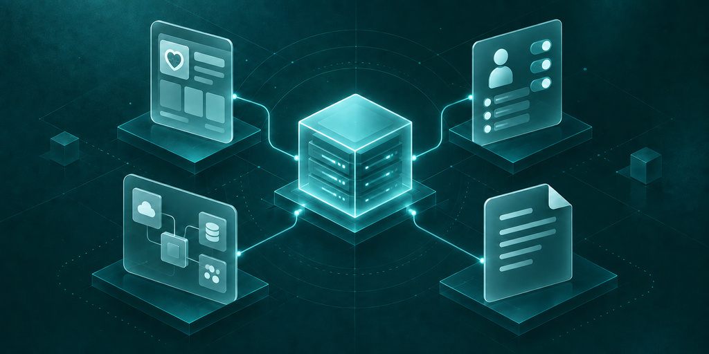 A teal backend cube connects to app screens, access, integration, and policy panels