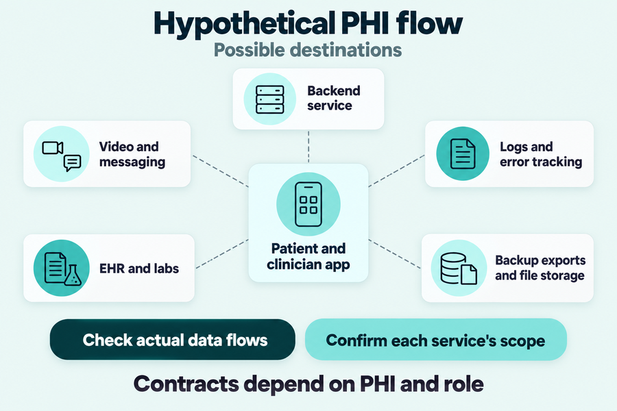 Hypothetical app data flow showing possible backend, video, messaging, EHR, lab, log, and backup destinations