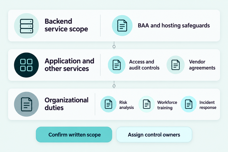 Three-layer map separating backend service scope, application controls, and organizational duties