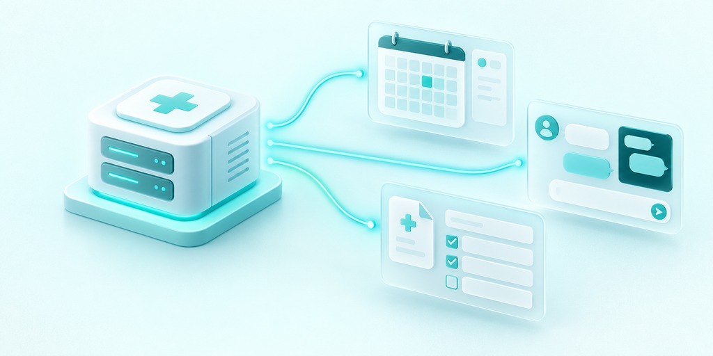 Teal illustration of a patient app and staff tools connecting to a clinical hub through a secure data layer.