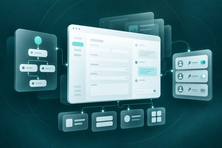 Illustration of a custom healthcare application with connected workflow and permission controls.