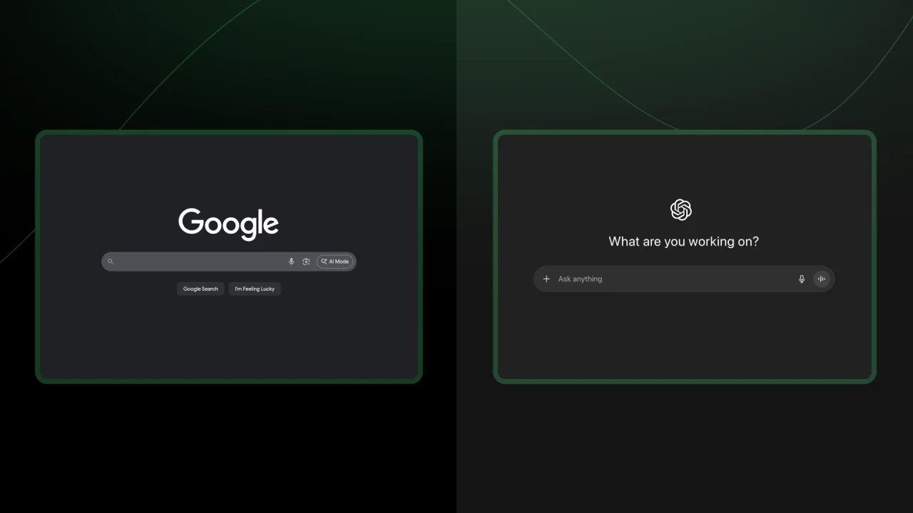 Split screen graphic of Google and ChatGPT interface