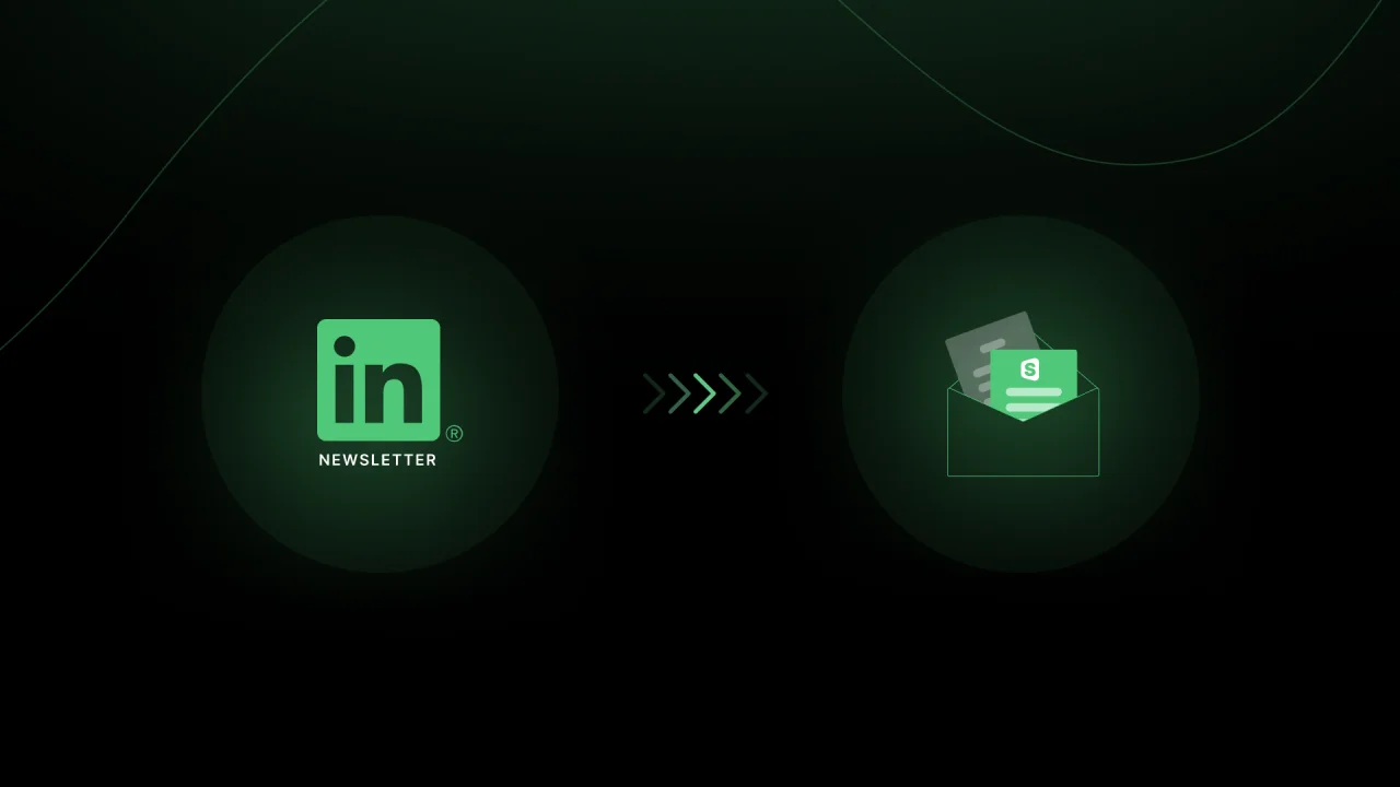 Icon representing a LinkedIn newsletter with an arrow pointing to an icon representing our new email newsletter.