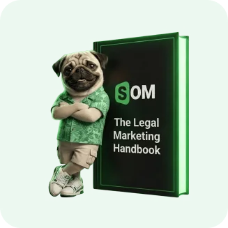 SOMDOG leaning up against "The Legal Marketing Handbook"