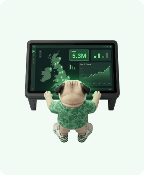 SOMDOG on a dashboard showing 5.3 million searches and a map of the UK