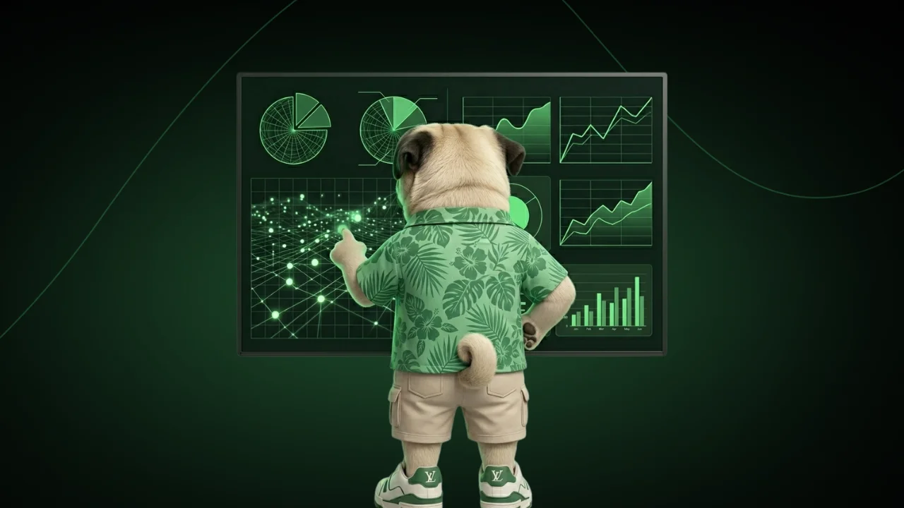 SOMDOG with back turned in front of a dashboard of charts and graphs
