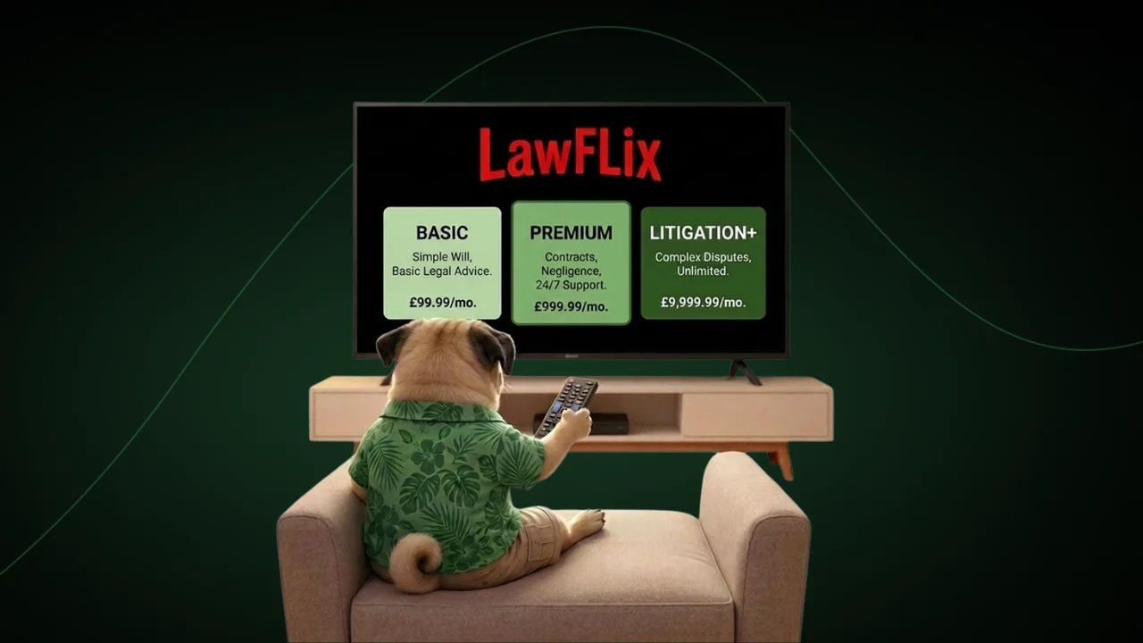 SOMDOG sitting on a sofa in front of a TV, with a remote in his hands. The TV screen shows "LawFlix" and three options to select from. "Basic", "Premium", and "Litigation+"