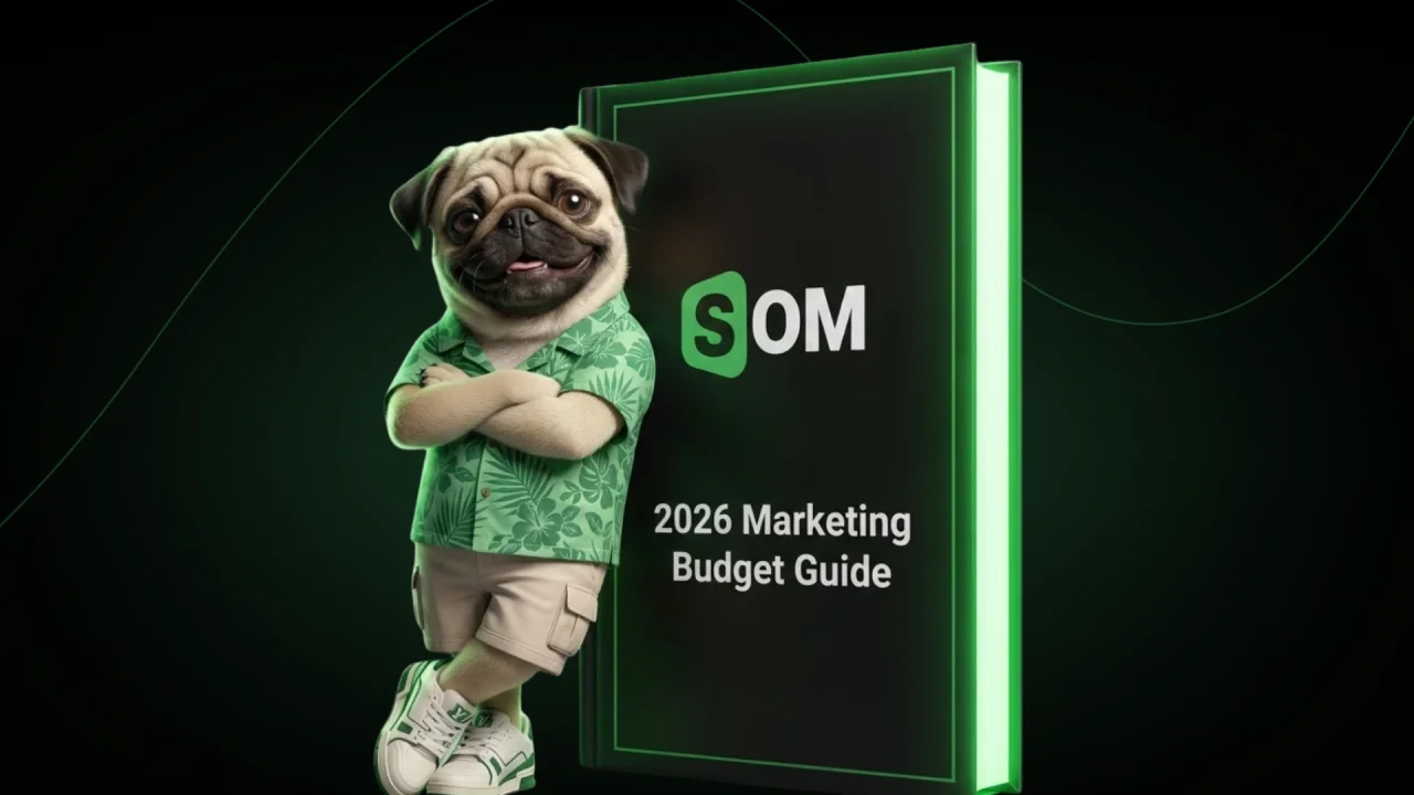 SOMDOG with arms crossed, leaning up against a large book with title: "2026 Marketing Budget Guide"