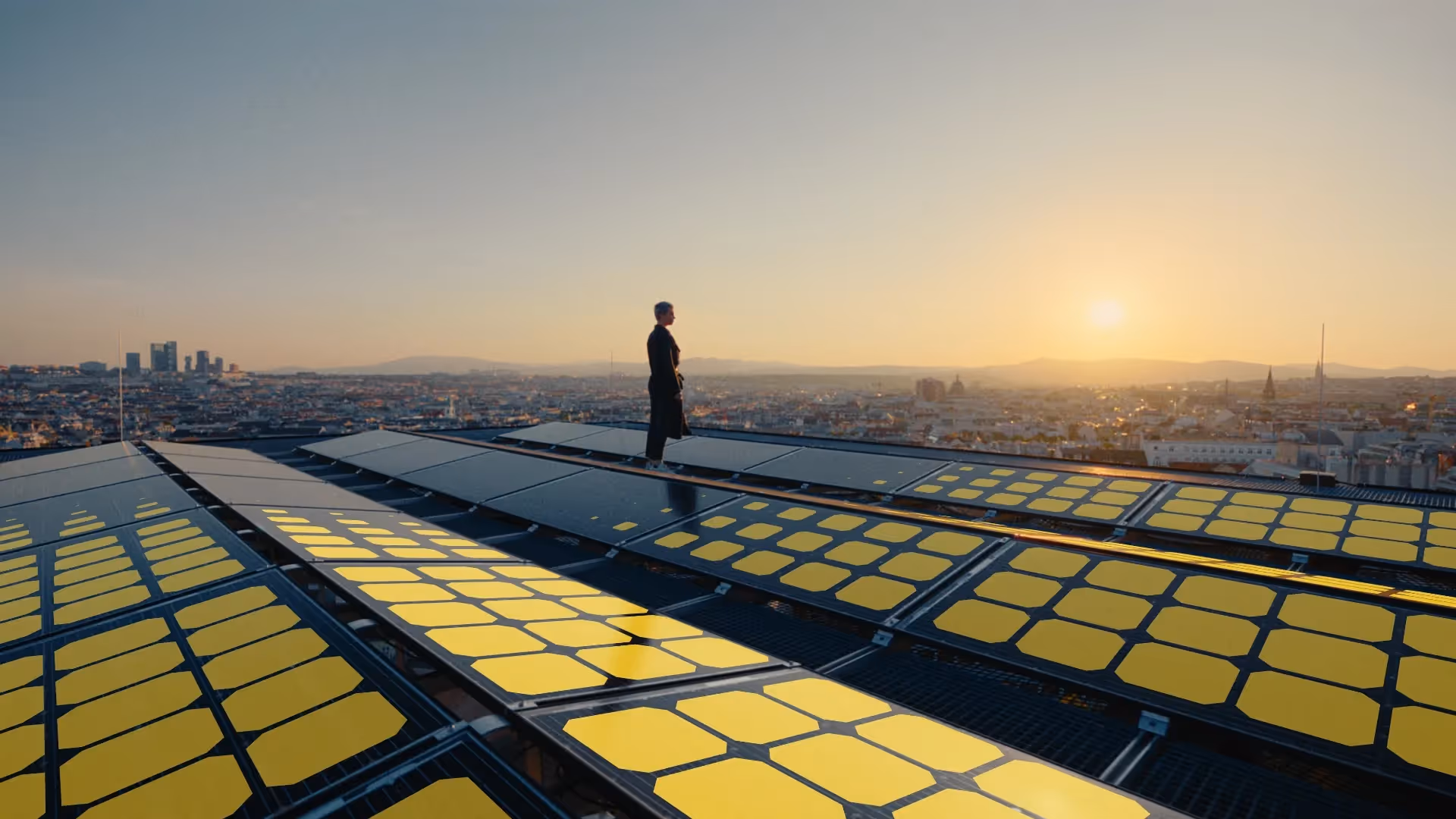 Vienna skyline with solar panels on a rooftop.