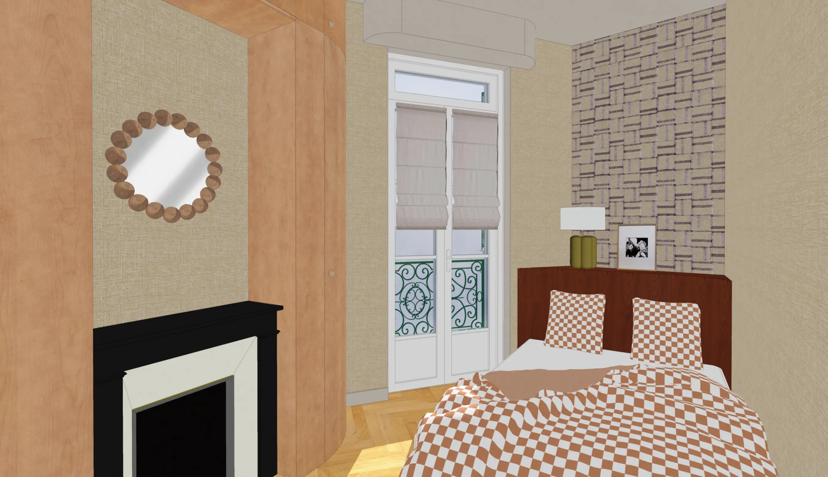 Visuel 3D d'une petite chambre décorée comme une chambre d'hôtel.