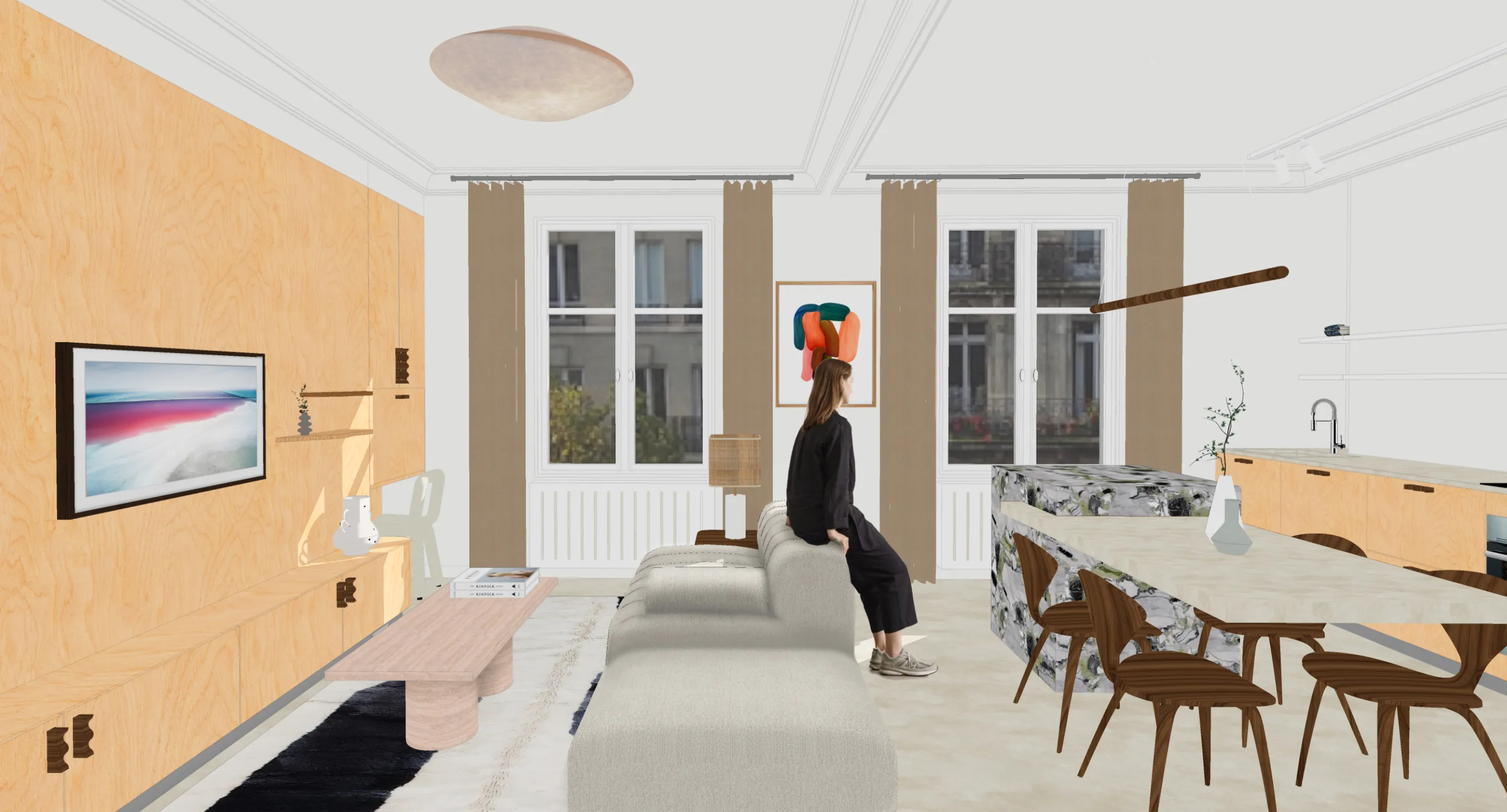 Vue 3D qui illustre de travail de décoration et de recherche d'harmonie dans un appartement ancien angevin.