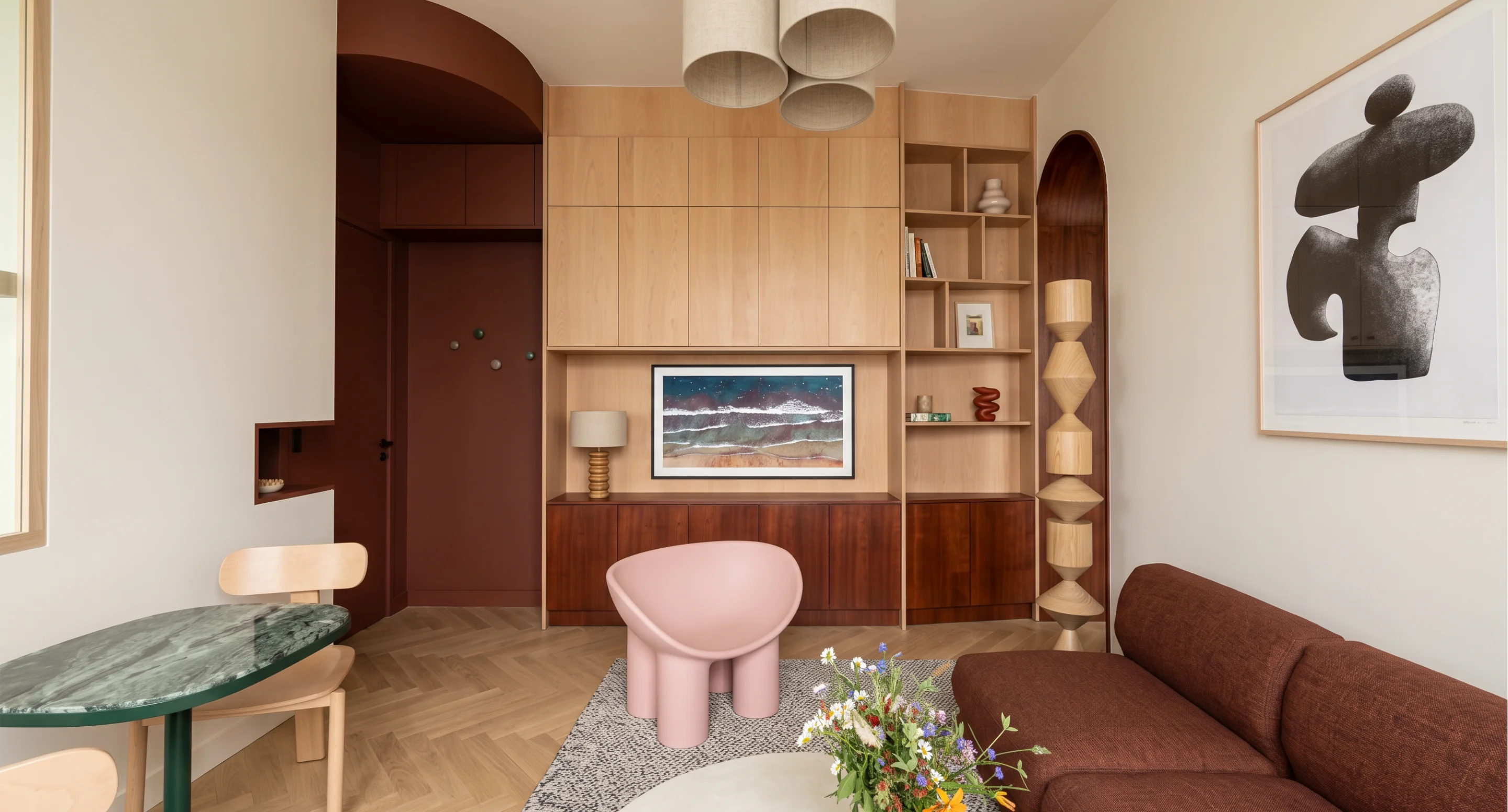 Vue 3D qui illustre de travail de décoration et de recherche d'harmonie dans un appartement ancien angevin.