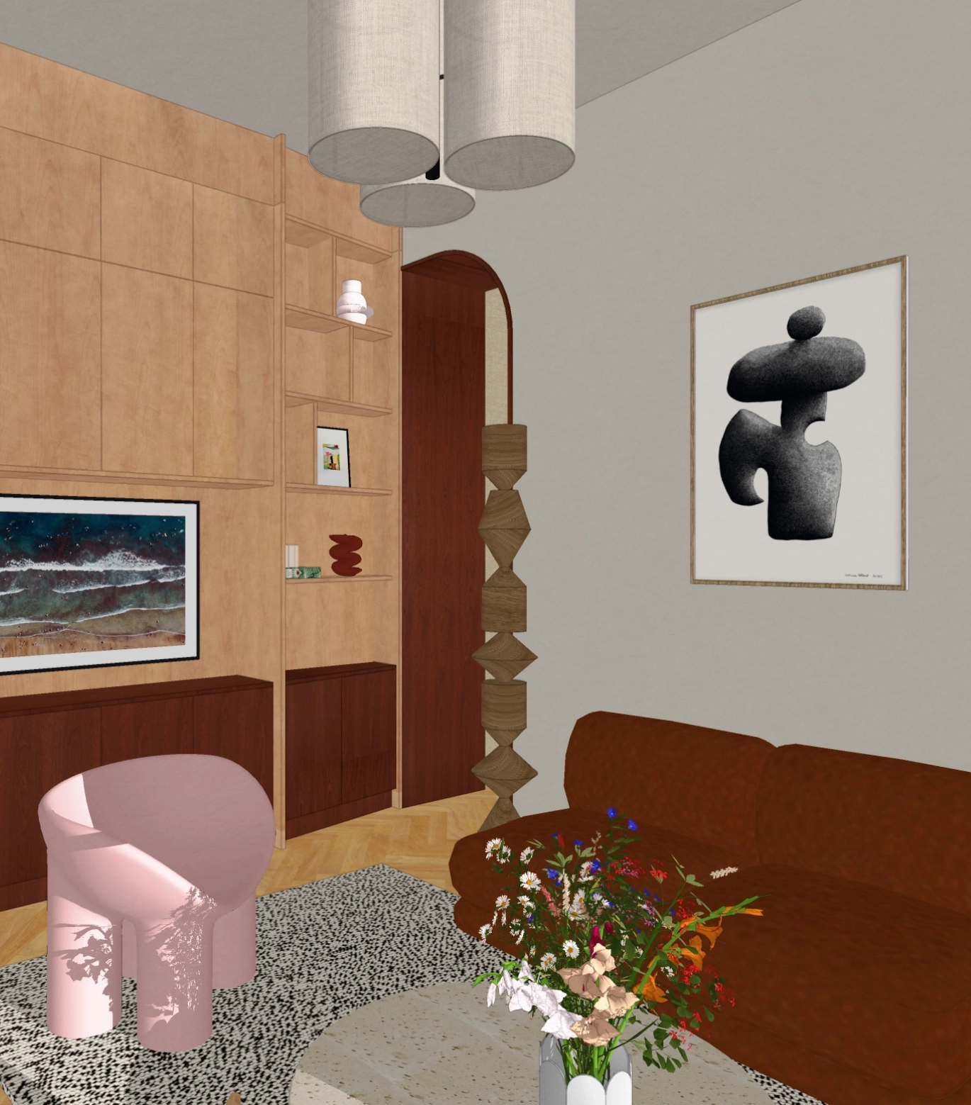 Salon du projet Arnauld avec fauteuil rose et bibliothèque sur mesure en bois
