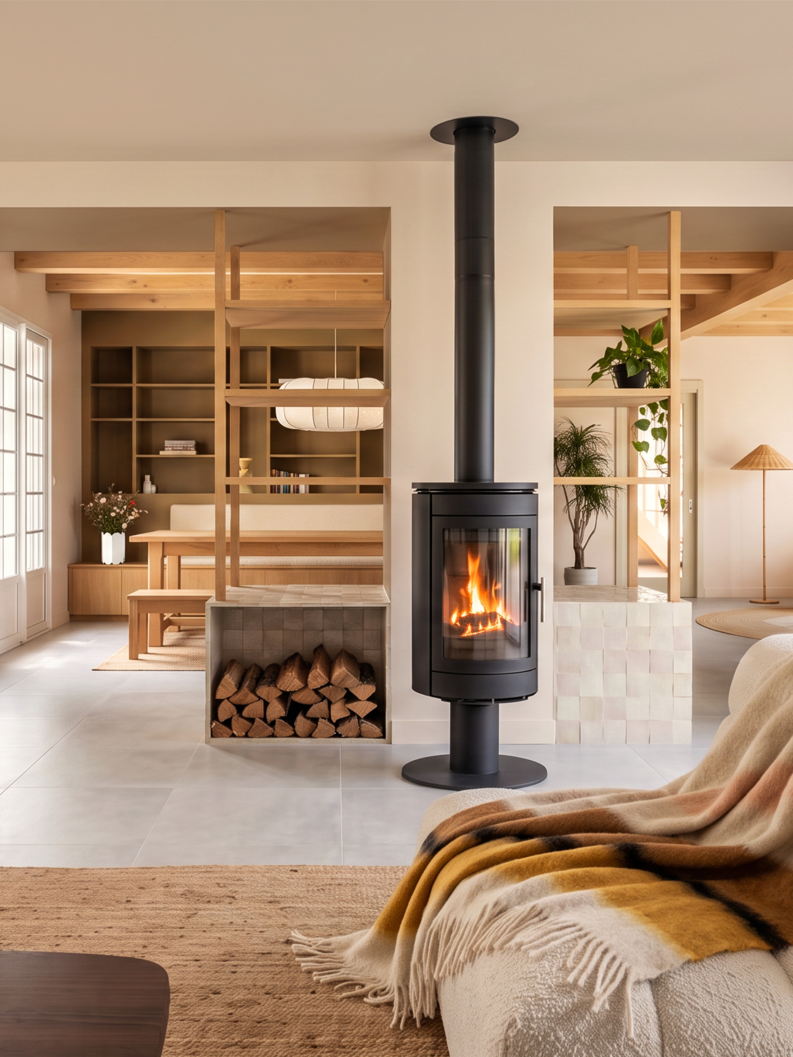 Vue de la cuisine et de la salle à manger du projet Léonard. Une structure en bois sur mesure, suspendue au plafond, délimite le salon sans cloisonner les espaces.