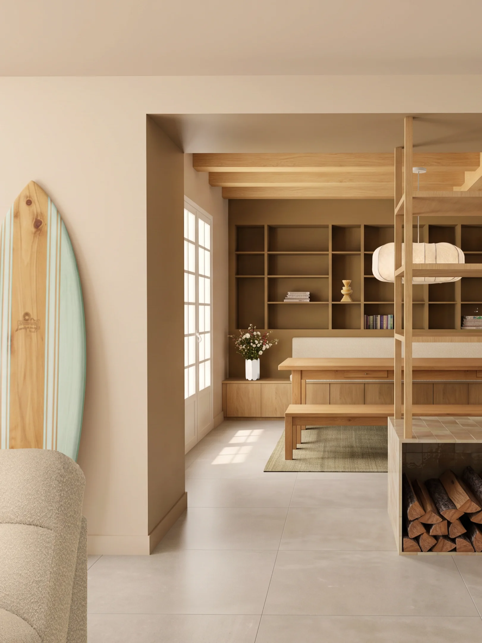 Bibliothèque en bois et banquette longeant le mur de la salle à manger, planche de surf posée dans le petit salon au premier plan