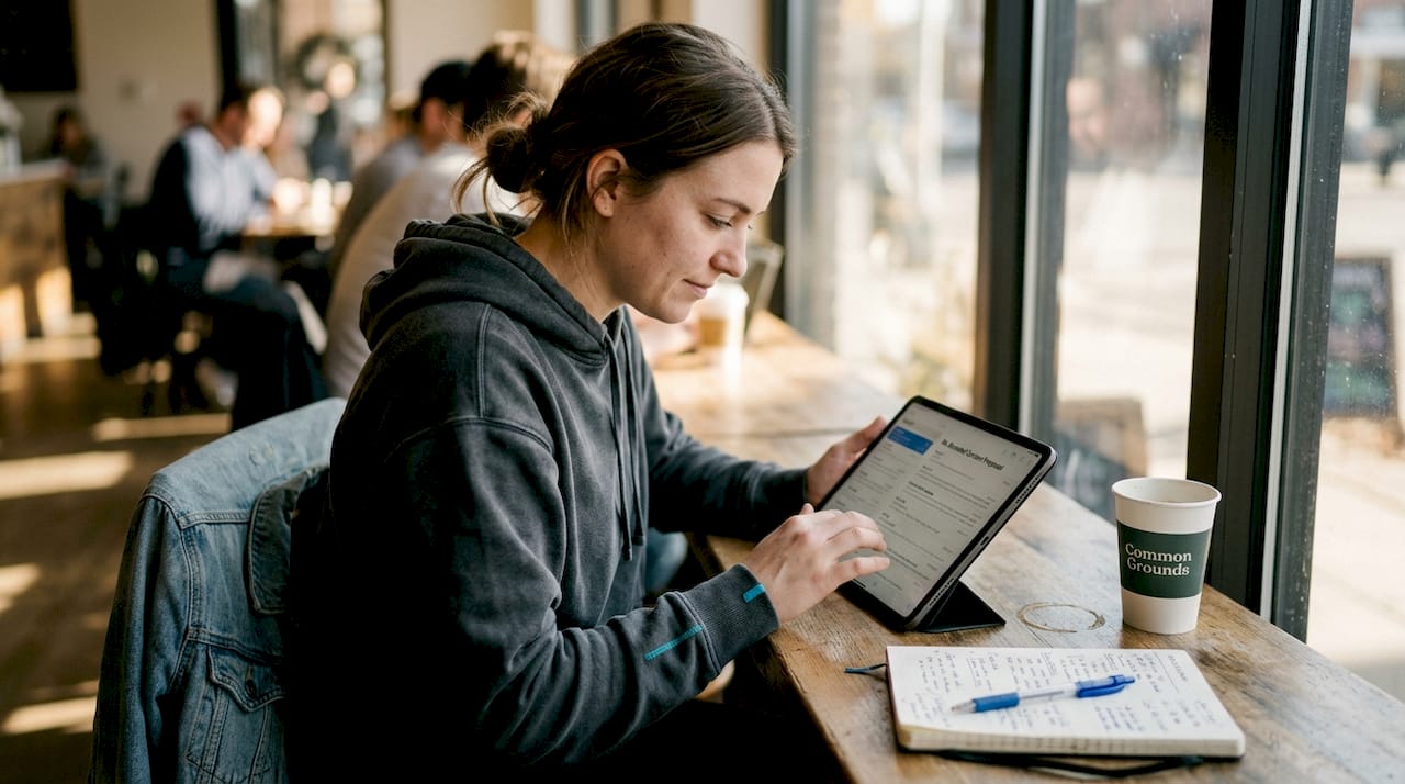 Creator reviewing sponsored content at café table