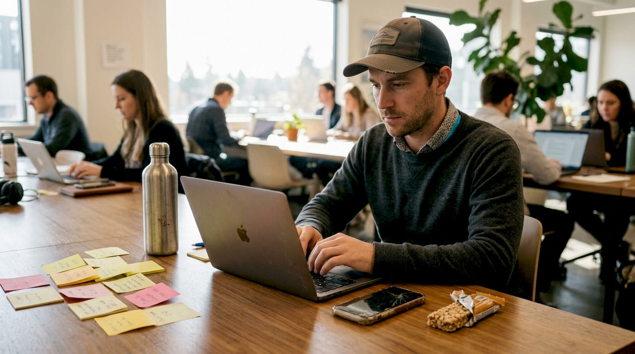 Man managing social media at workspace table