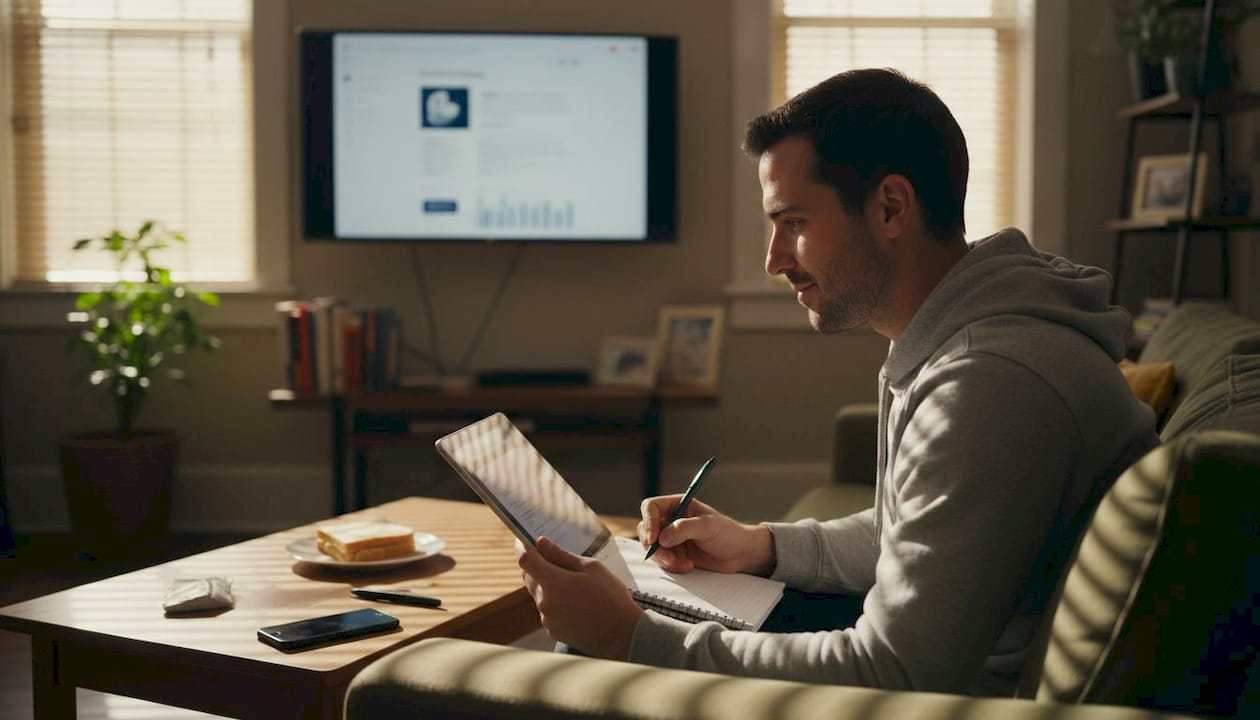 Person using AI analytics on tablet in living room