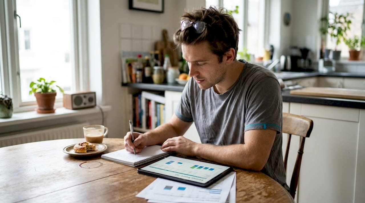 Creator reviewing tablet earnings at kitchen table