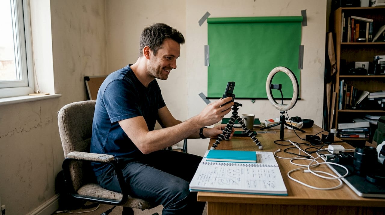 Creator sets up TikTok video in home studio