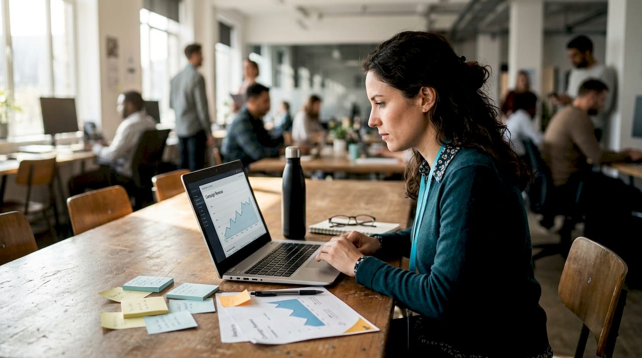 Marketer checking AI-powered analytics dashboard