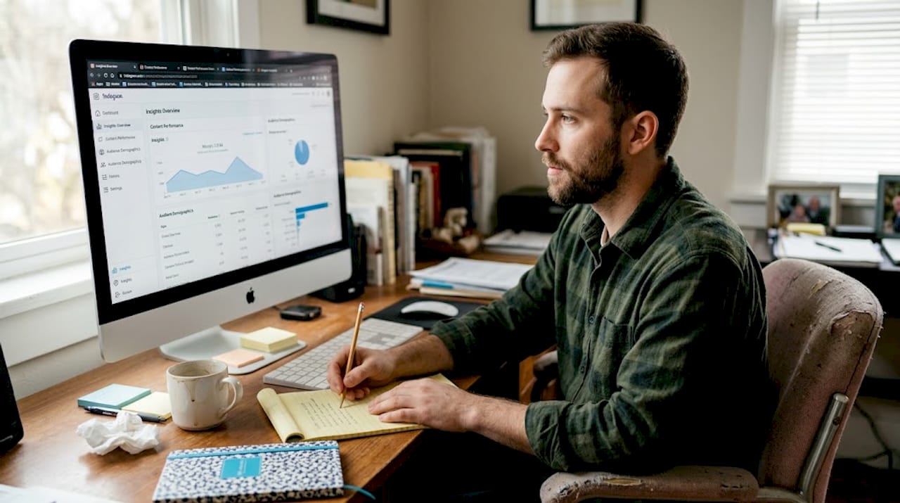 Man reviewing Instagram analytics at desk