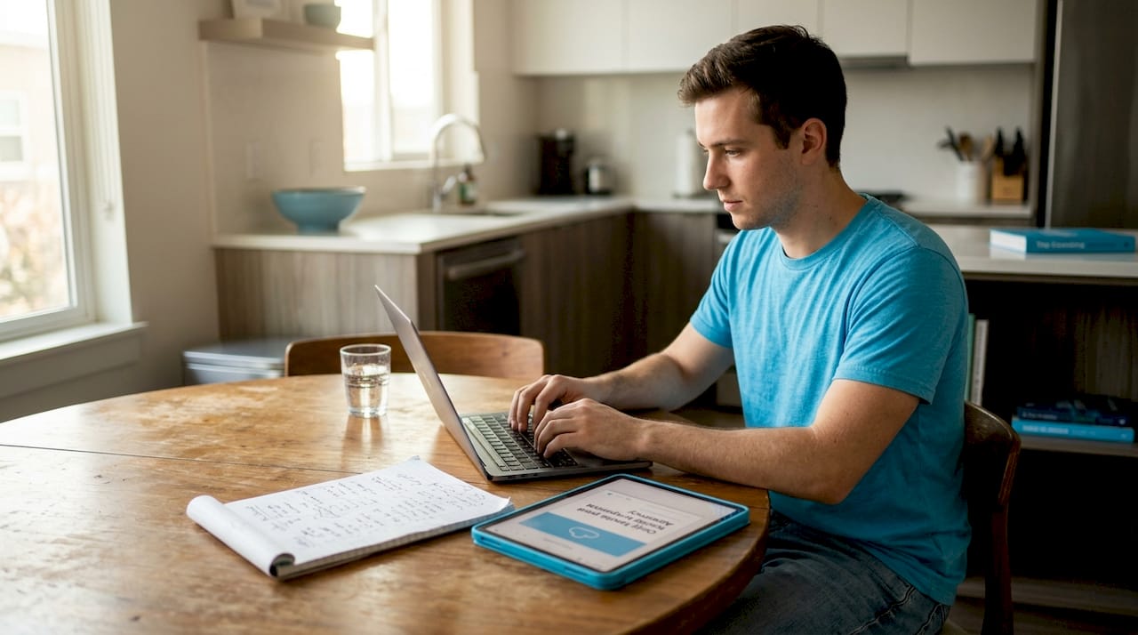 Man editing copy with AI tools at kitchen table