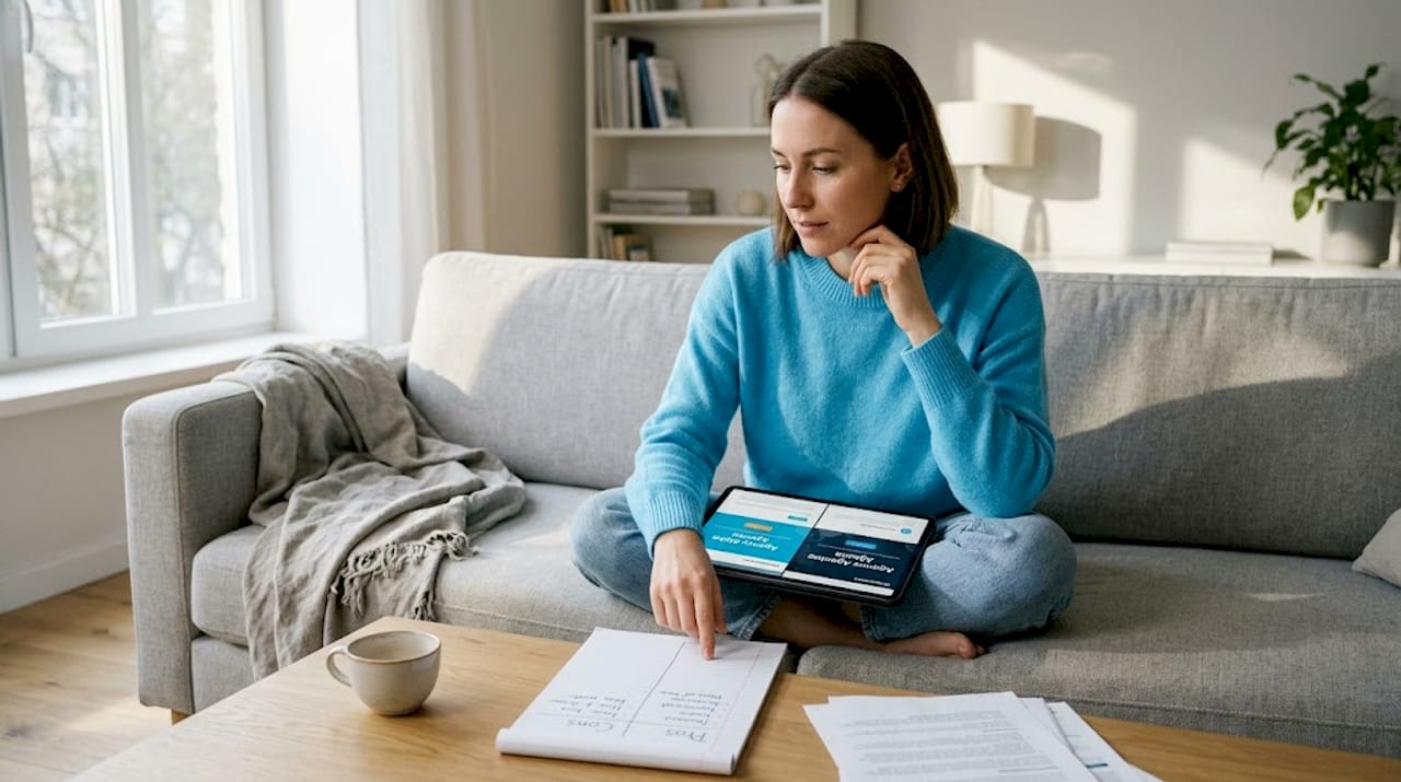 Woman weighing agency options in living room