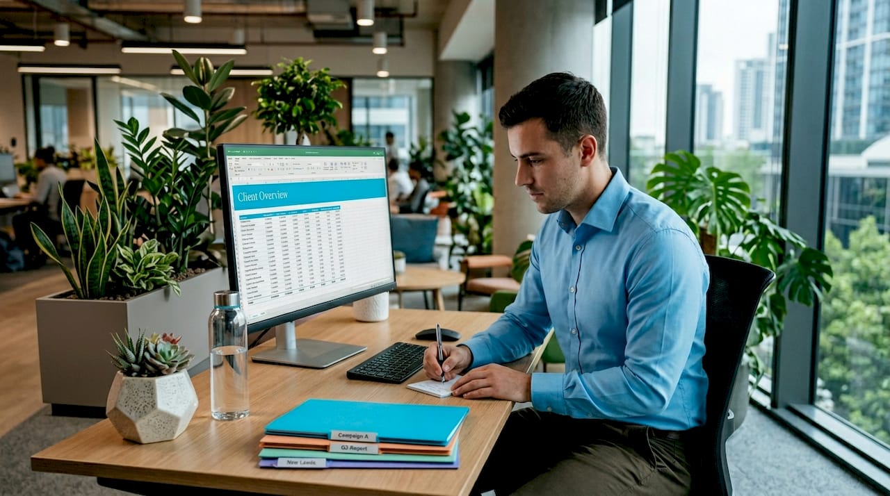 Account manager analyzing client portfolio data