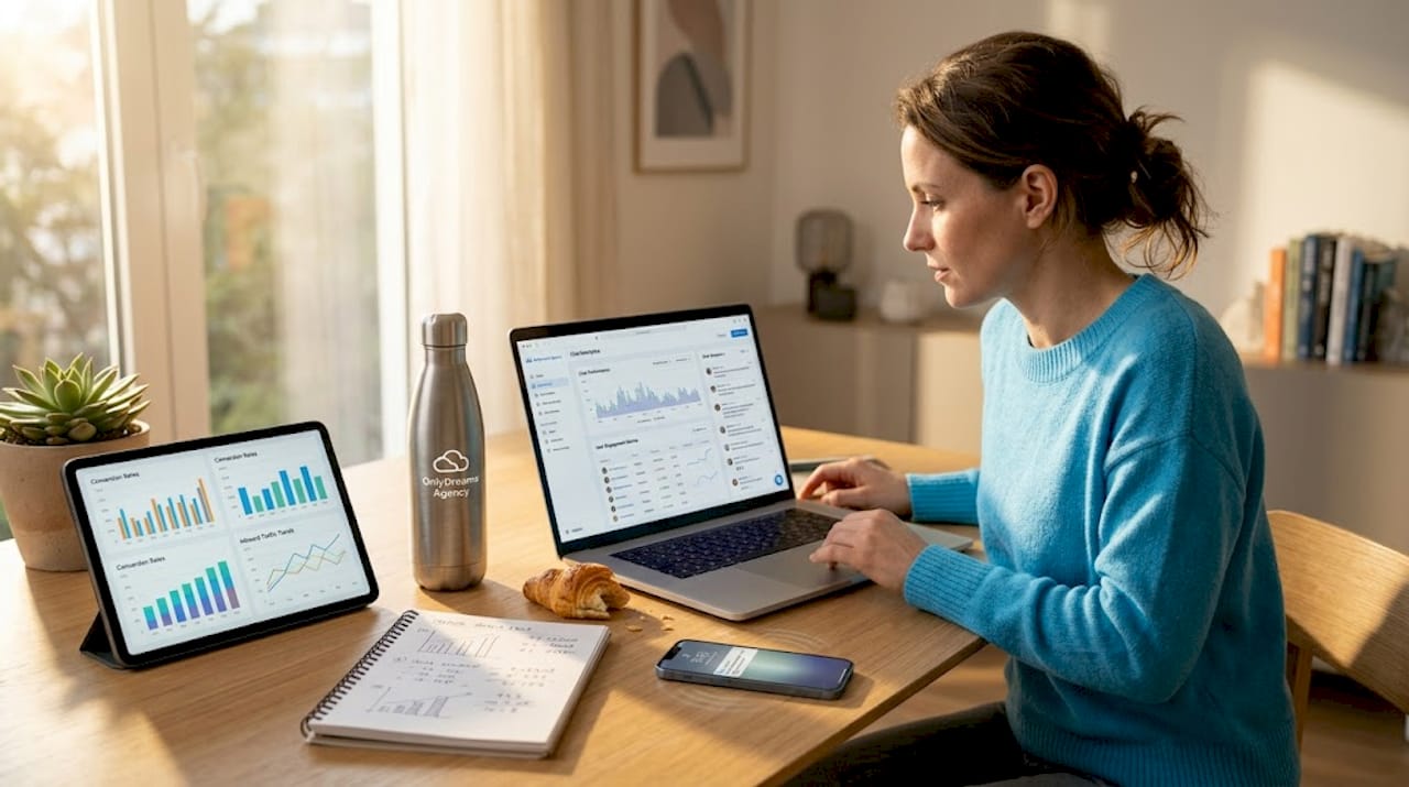 Woman reviewing chat analytics at kitchen table