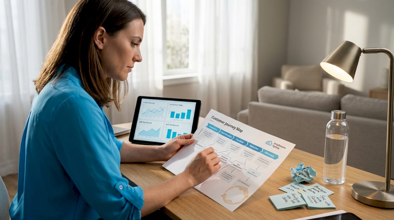 Manager reviewing printed customer journey map